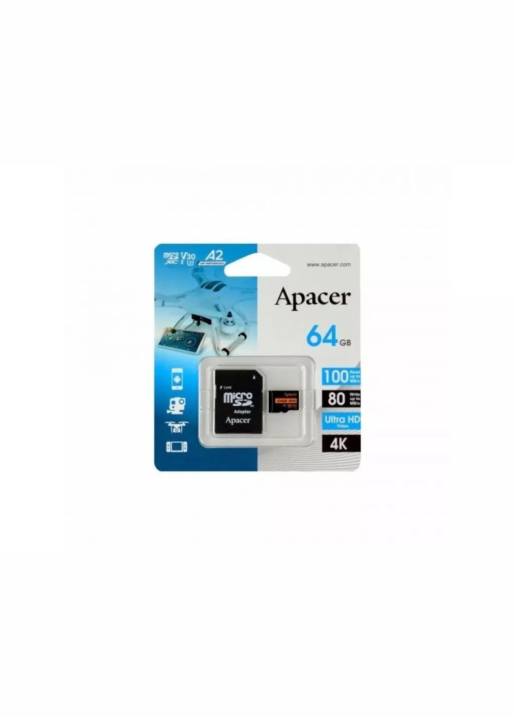 Картка пам'яті microSDXC 64 GB Class 10 UHSI U3 R-100 MB/s AP64GMCSX10U8-R Apacer (278015917)