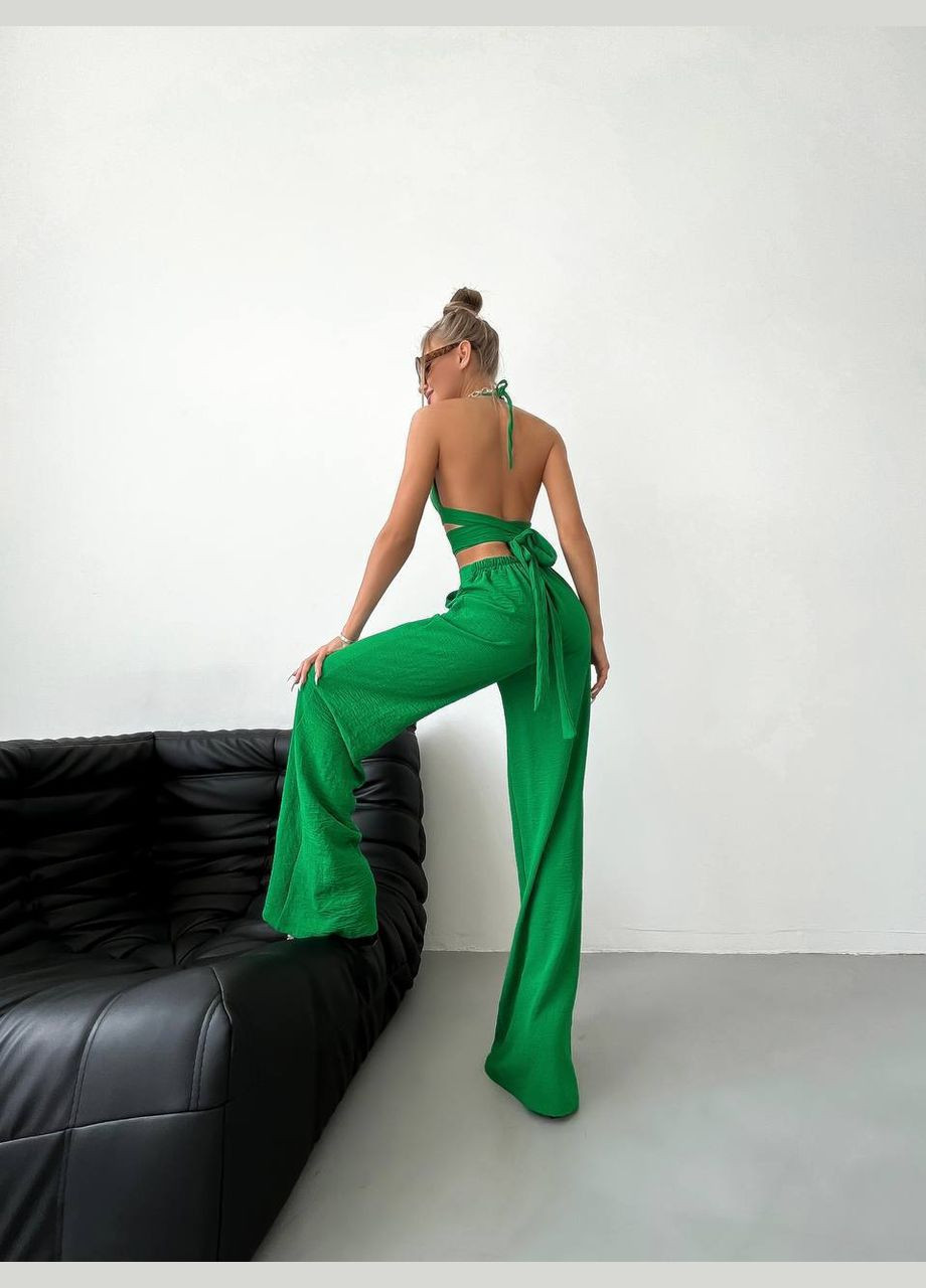 Стильний зелений вечірній костюм трійка (сорочка+штани+топ) з якісної жатка,трендовий костюм 3-ка No Brand 226-4 (290254779)