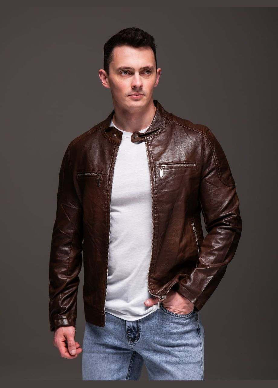 Темно-коричнева демісезонна стильна чоловіча куртка під шкіру Vakko