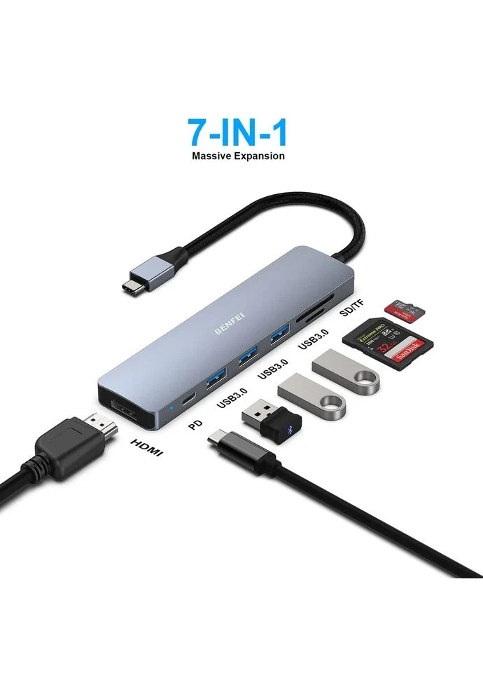 USB-хаб, Док-станція, Перехідник B307grey USB-C HUB 7 in1 with USB-C to HDMI, USB-C to SD/TF Card Reader/3*USB 3.0/60W PD Benfei (388579553)