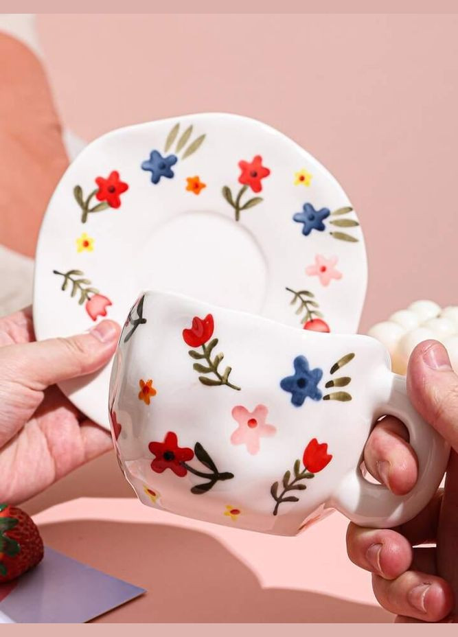 Керамическая чашка для кофе с блюдцем "Цветочки" 290мл, ручной работы, белая OSM (319155297)