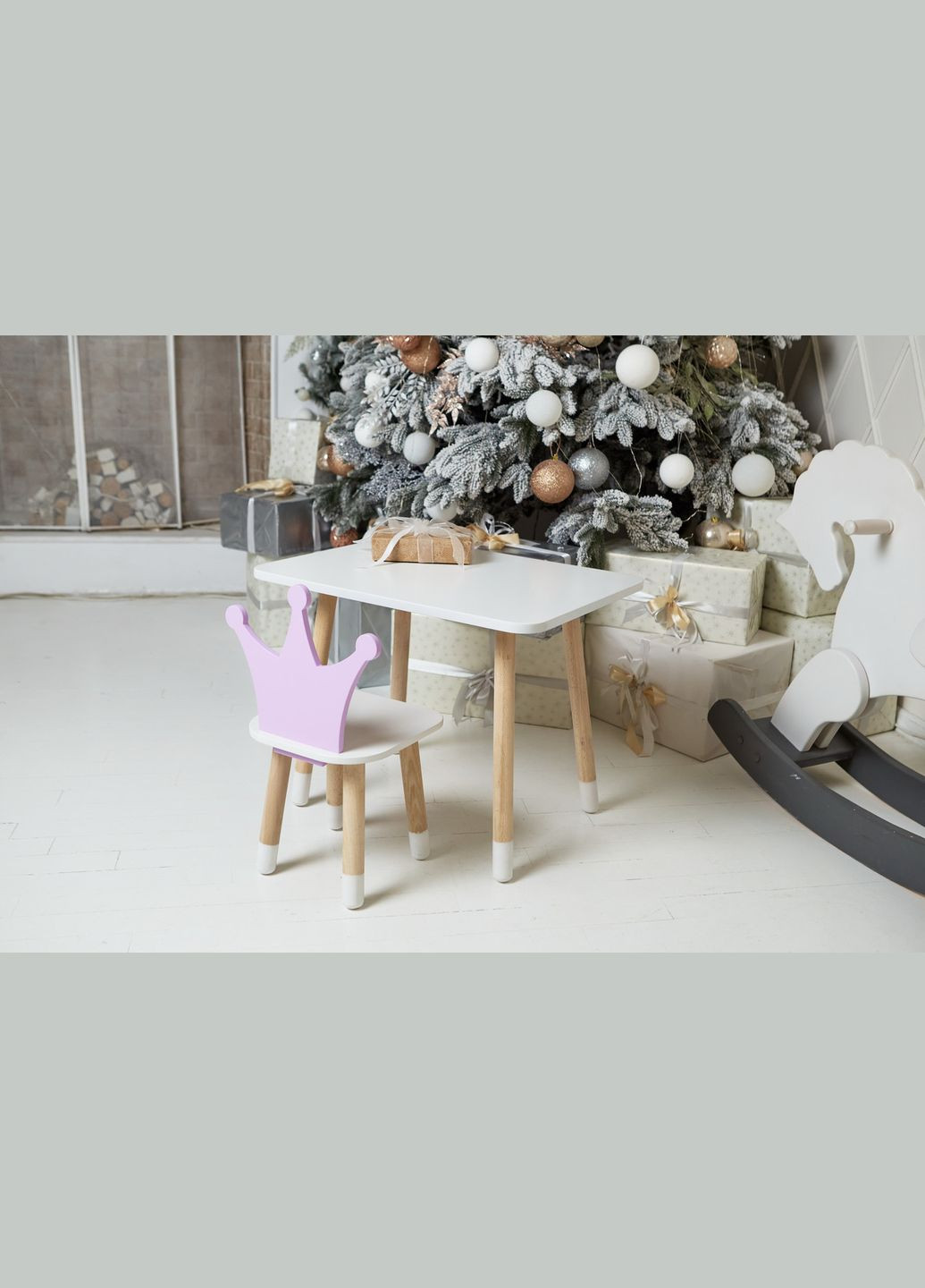 Дитячий прямокутний стіл і стільчик фіолетова корона. Столик для ігор, уроків, їжі. Білий столик No Brand (323223310)