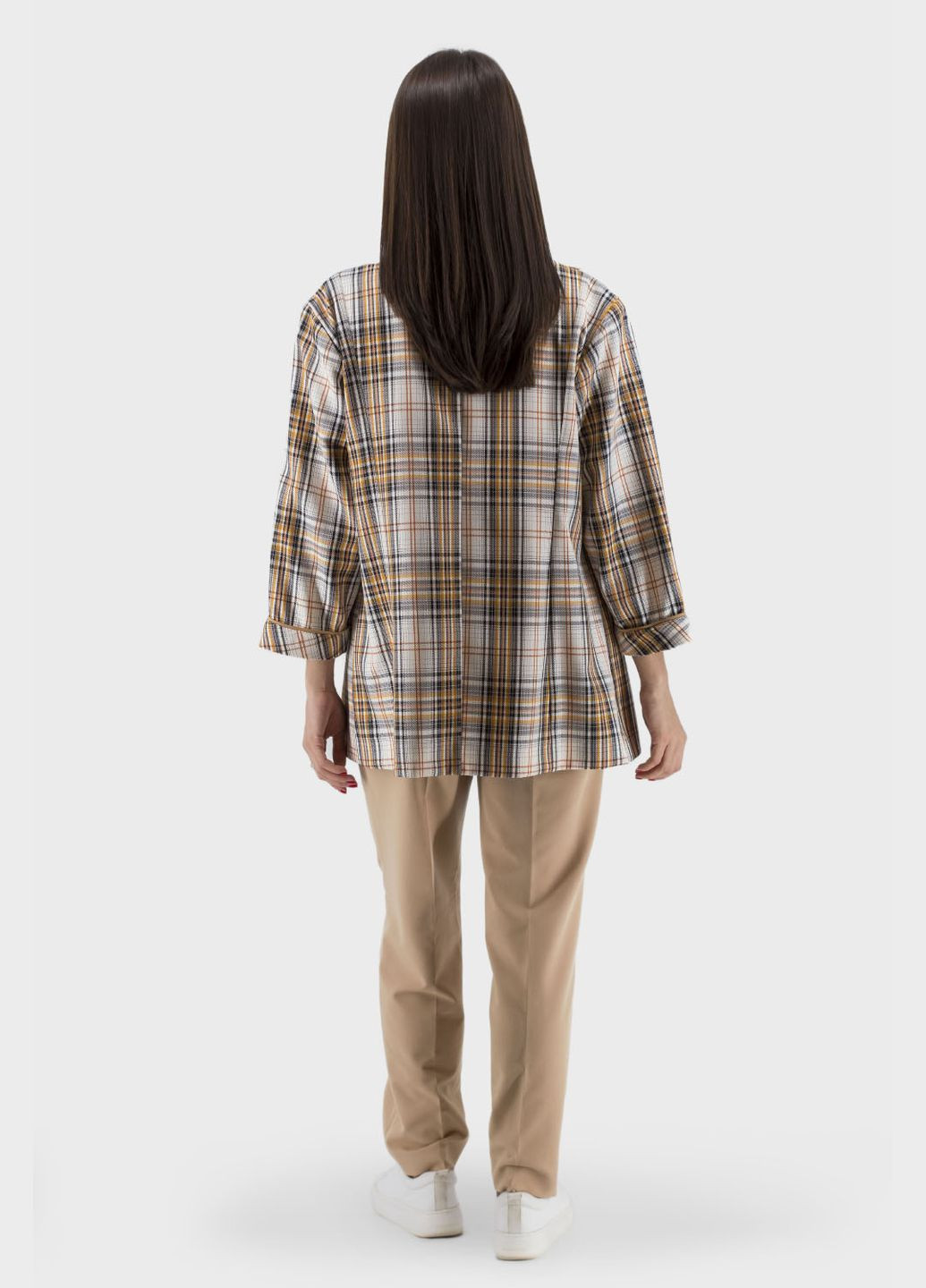 Жіночий класичний піджак в клітинку з поясом, рукав 7/8, без підкладки MAC (коричневий-клітинка, ), 41207 No Brand (331885811)