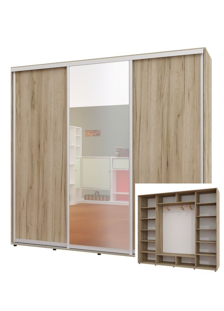 Шкаф-купе трехдверный 240*60*250 см Дуб крафт серый 3 двери ДСП + Зеркало + ДСП ШК-05 Алекса (360477021)