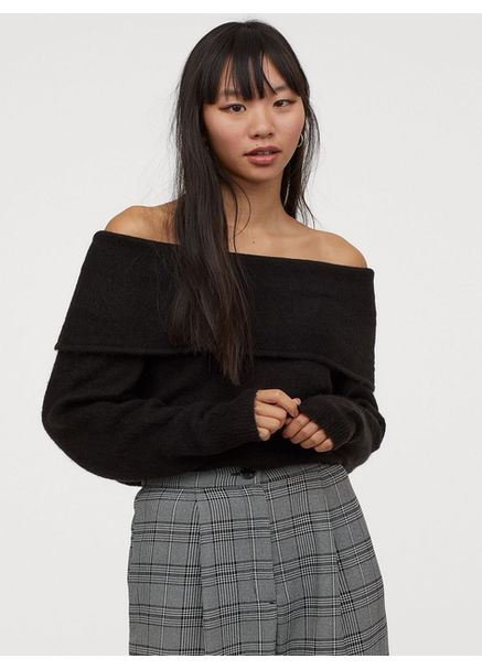 Чорний зимовий светр зі спущеними плечима джемпер H&M