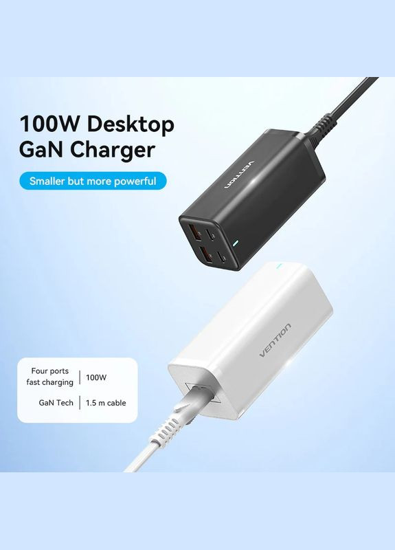 Зарядний пристрій 4xUSB 100W (2xUSB-C+2xUSB-A) PD3.0/QC 3.0/GaN White Vention (322336803)
