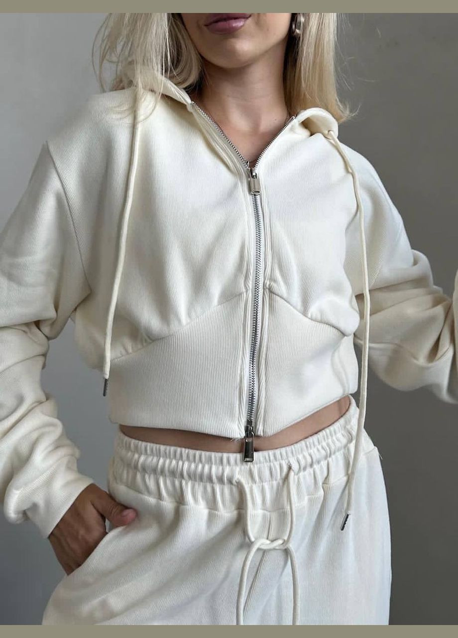 Приємний до тіла м'який спортивний костюм з мікро-вельвету в молочному кольорі, осінній костюм 2-ка з каптуром. No Brand 049 (301907094)