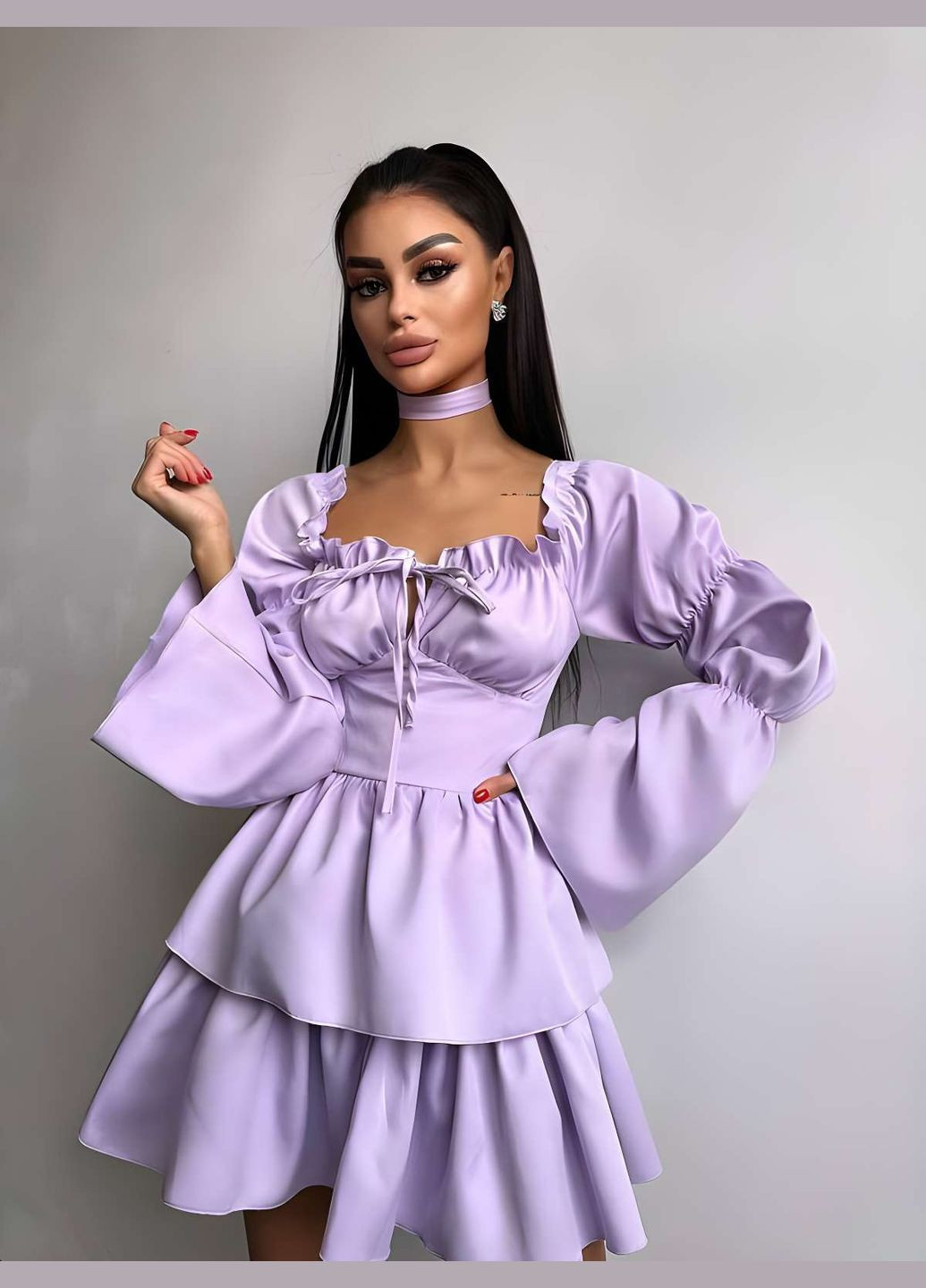 Бузкова святковий, коктейльна, карнавальний, відвертий, повсякденний, кежуал, вечірня жіноча ошатна коротка малинова сукня міні з рюшами зі шнурівкою і широкими рукавами Україна однотонна