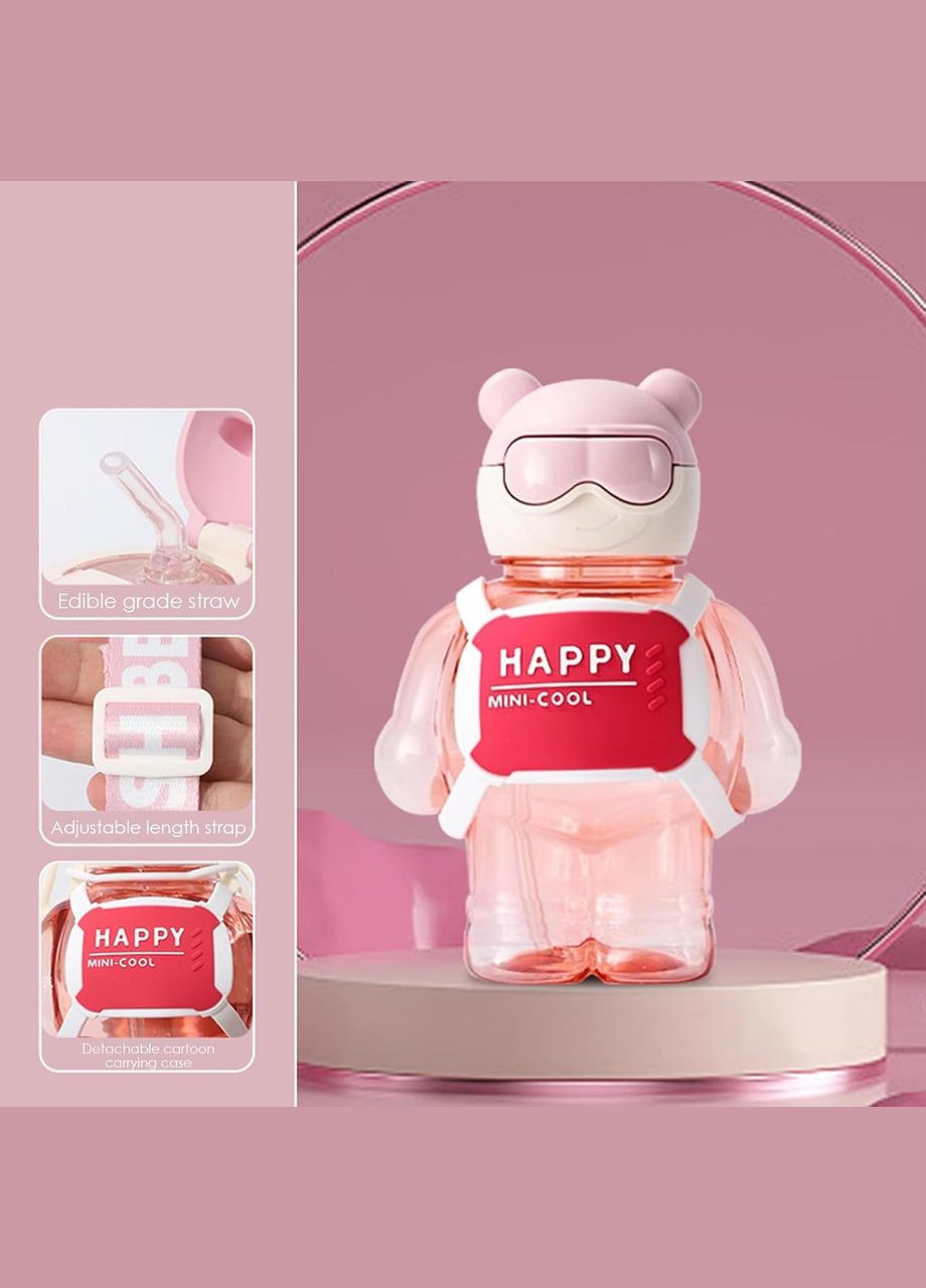 Пляшка для води Без Бренду 800 мл, Ведмедик з дозатором, ремінцем та трубочкою, Рожевий ( ) No Brand (302392530)