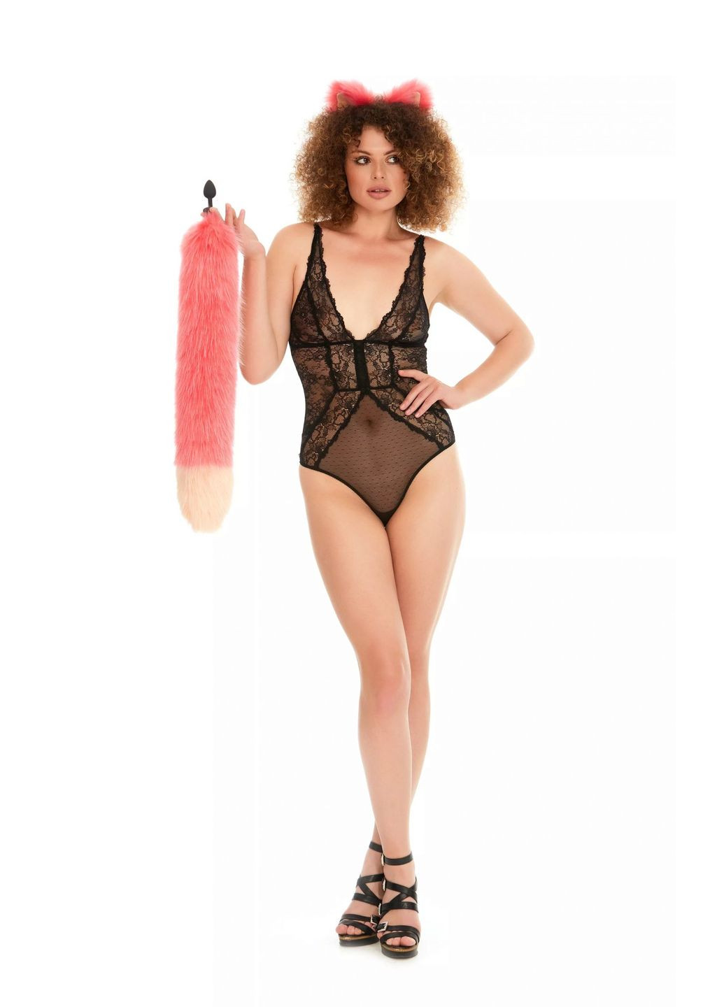 Анальный меховой хвост без пробки, Ярко-розовый с персиковым кончиком, 60 см. OKOVA (315149210)