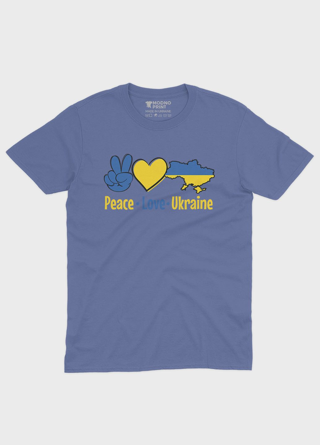 Темно-блакитна літня жіноча футболка odno з патріотичним принтом peace love ukraine m (ts001-2-dmb-005-1-040-f) Modno