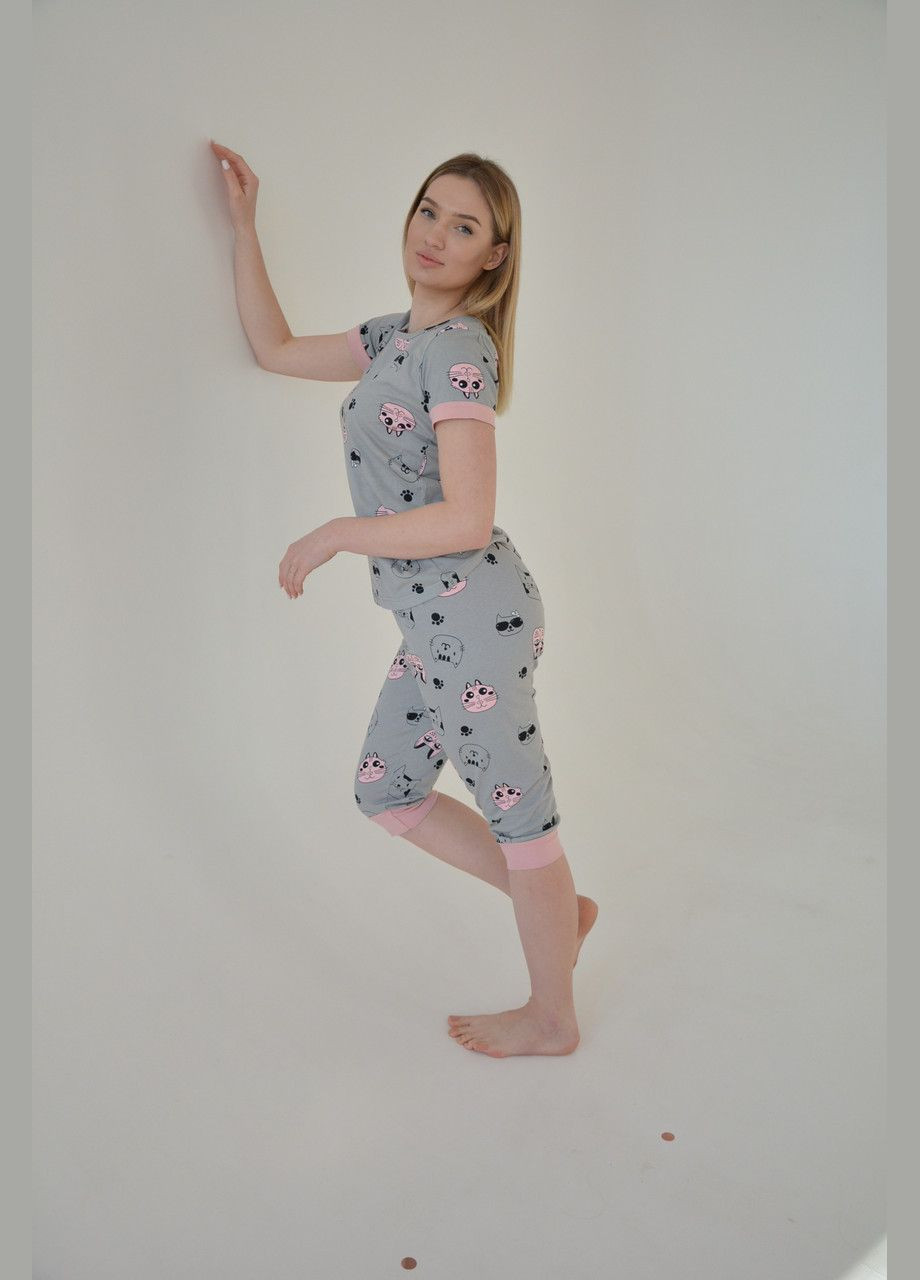 Серая всесезон женская пижама, комплект для дома и сна бриджи и футболка серая, котики футболка + капри Sexen