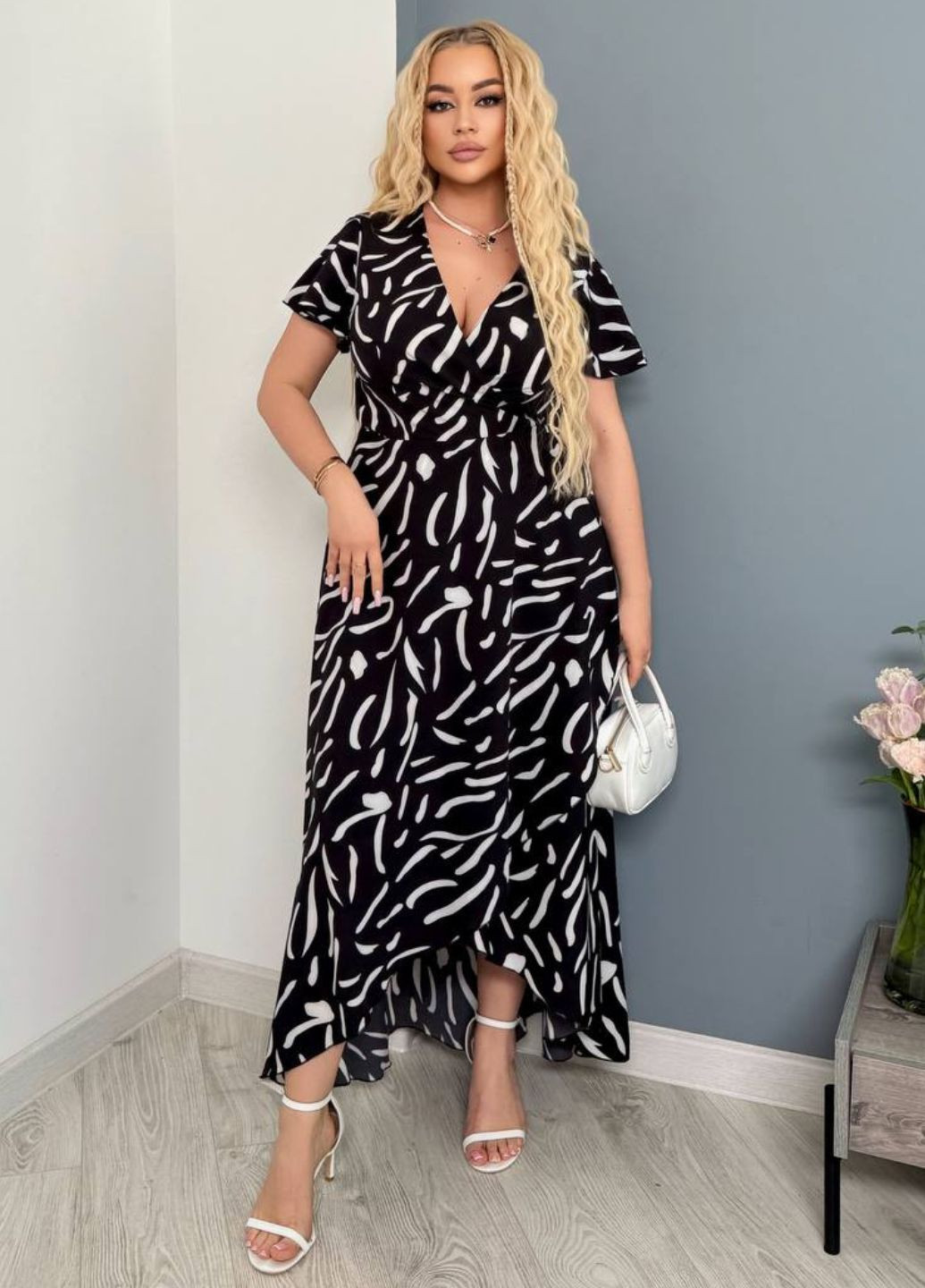 Чорна повсякденний вишукана легка повсякденна літня міді сукня на запах з візерунком та короткими рукавами на запах Allthings в горошок