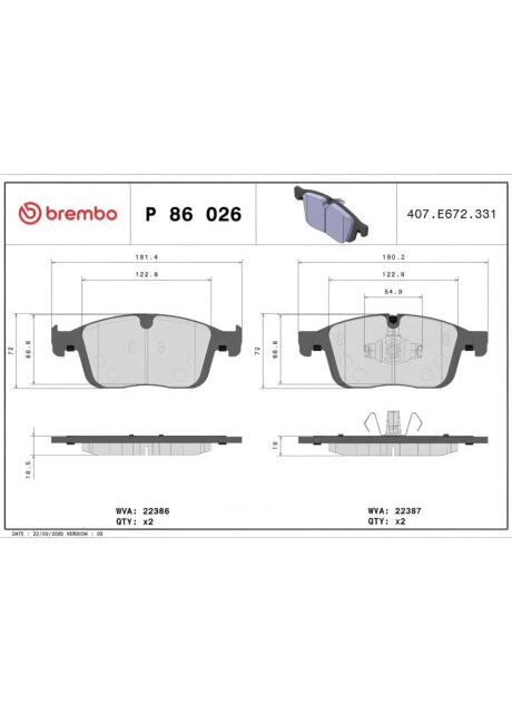 Колодки гальмівні дискові ПЕРЕДН VOLVO XC 60 05/08- P86026-ua Brembo (361637379)