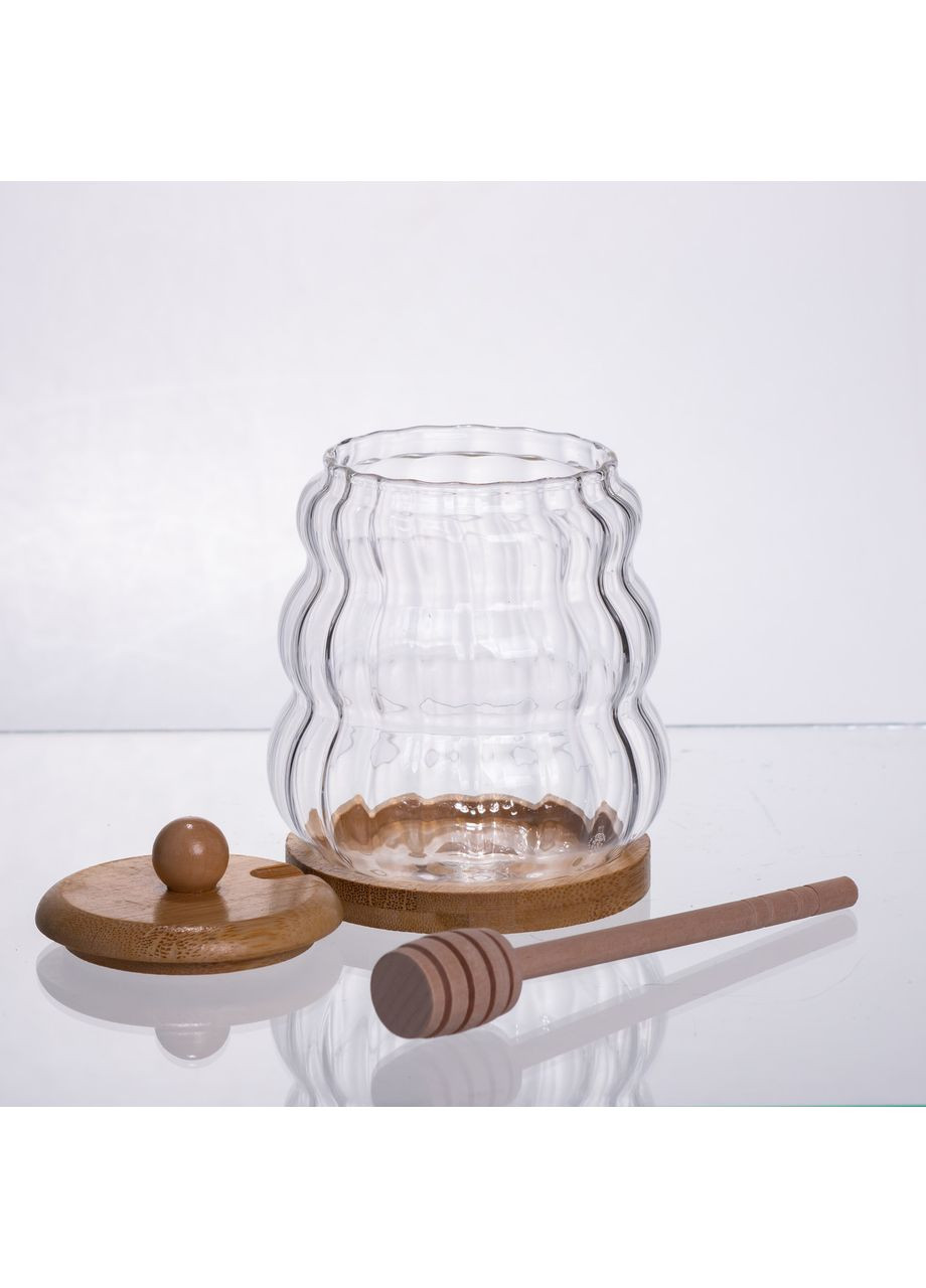 Медівниця скляна 320мл із кришкою та ложкою прозора банка для зберігання меду на кухні для дому Yiwu (370432154)