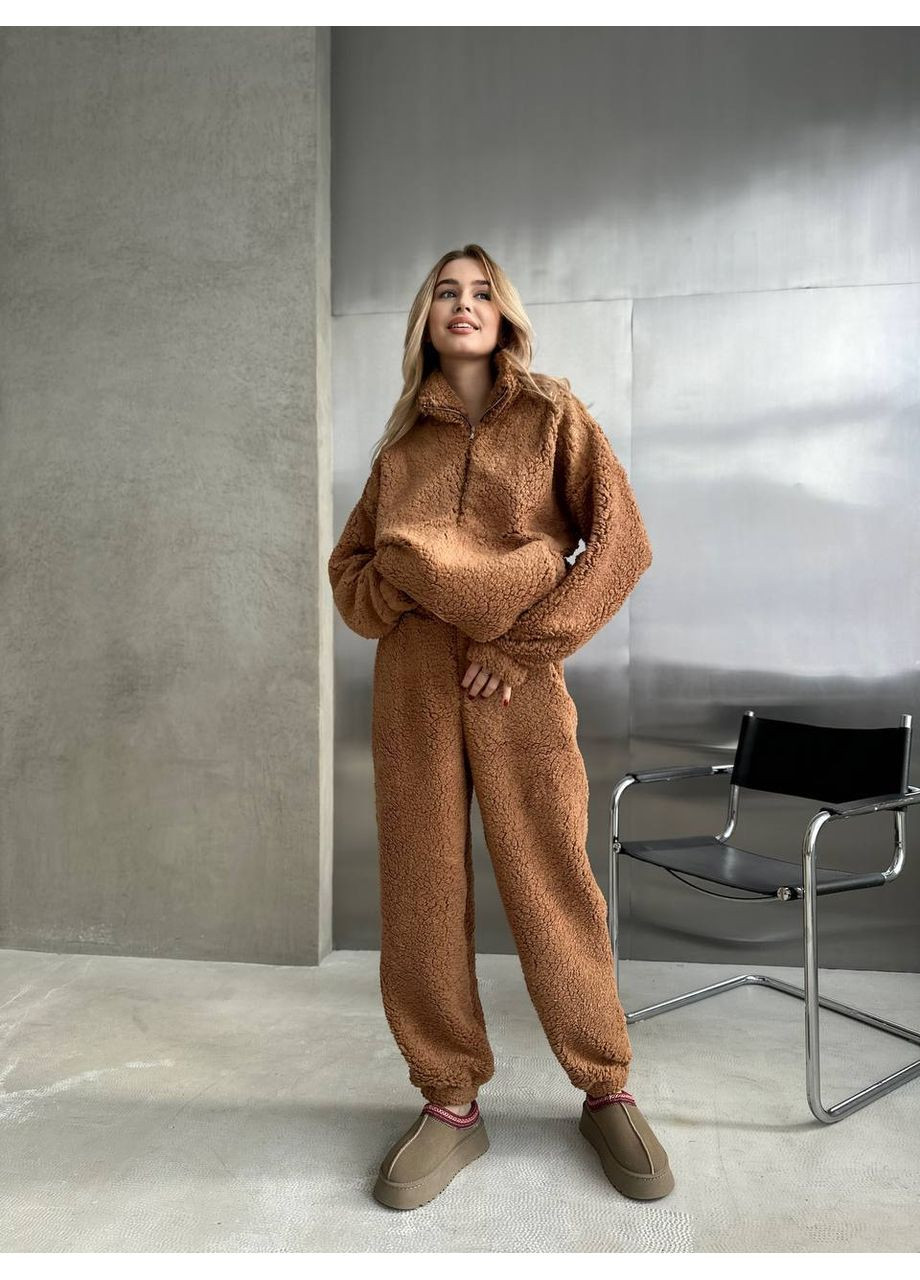 Женский теплый костюм с меха Тедди кофейного цвета 36233 Fashion (371258375)