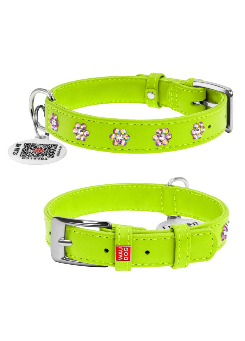 Нашийник для собак шкіряний Glamour з клейовими стразами "Квіточка" Ш 15 мм Д 27-36 см Салатовий WAUDOG (332879675)