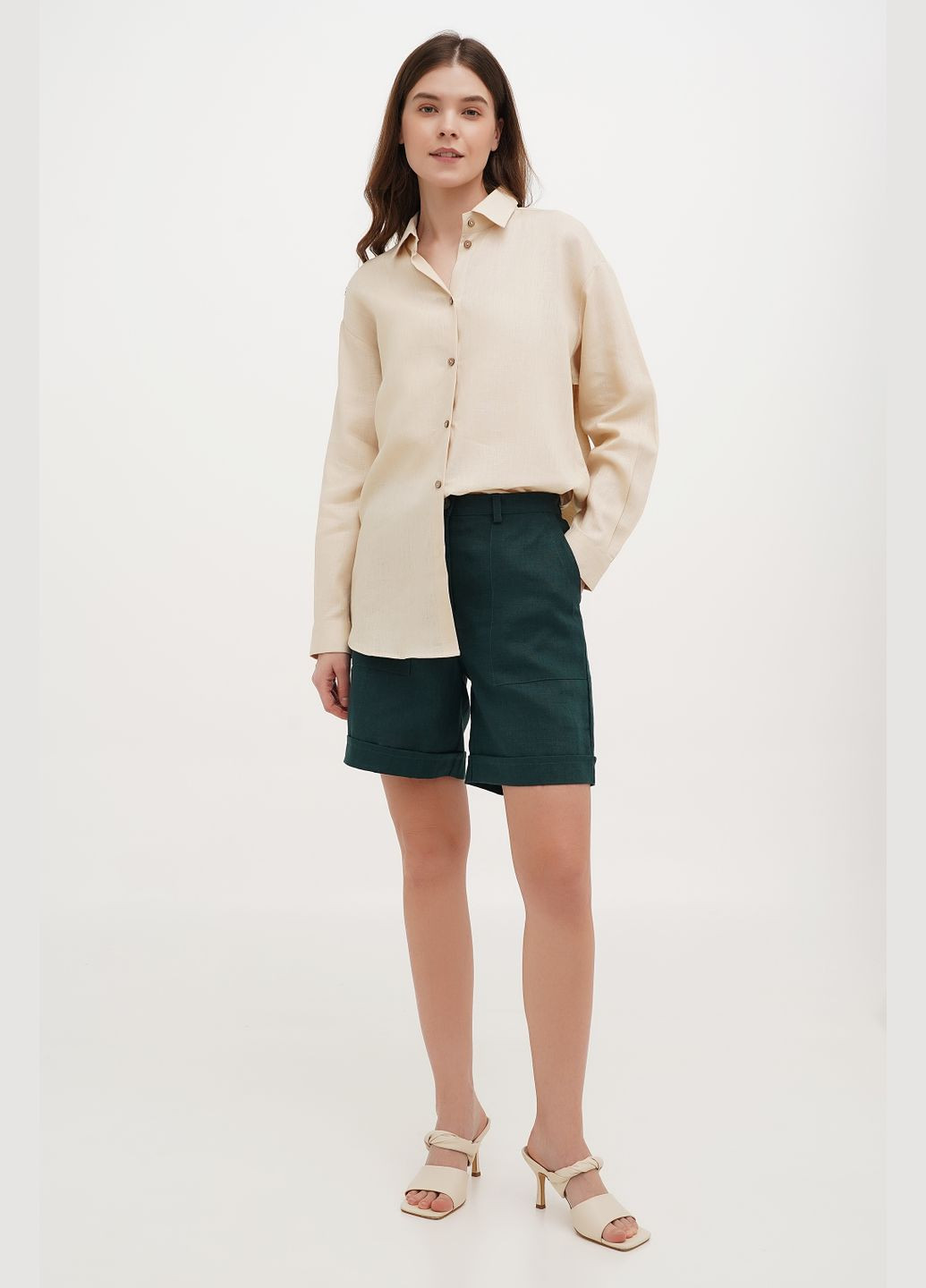 Лляні шорти на резинці та блискавці, висока посадка, великі кишені, Сахара., р., код 8433/54/779 ГАЛЕРЕЯ ЛЬОНУ (333164817)