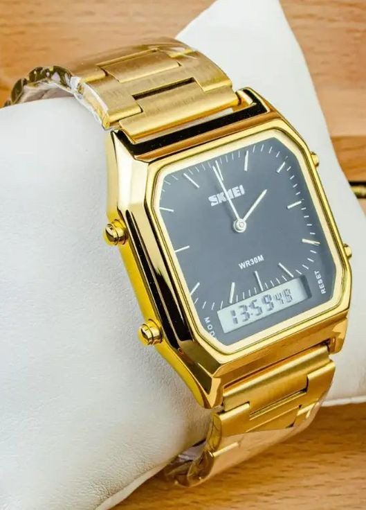 Годинник 1220GDBK Gold Black | Стильний унісекс годинник з підсвіткою, водозахист WR30M, сталевий корпус Skmei (358651025)