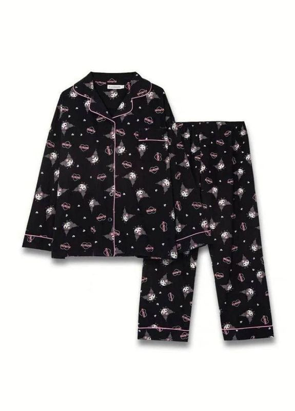 Чорна всесезон піжама для дівчат kuromi підліткова брючна піжама рожевий кант сорочка та штани у класичному стилі сорочка + брюки No Brand Піжама