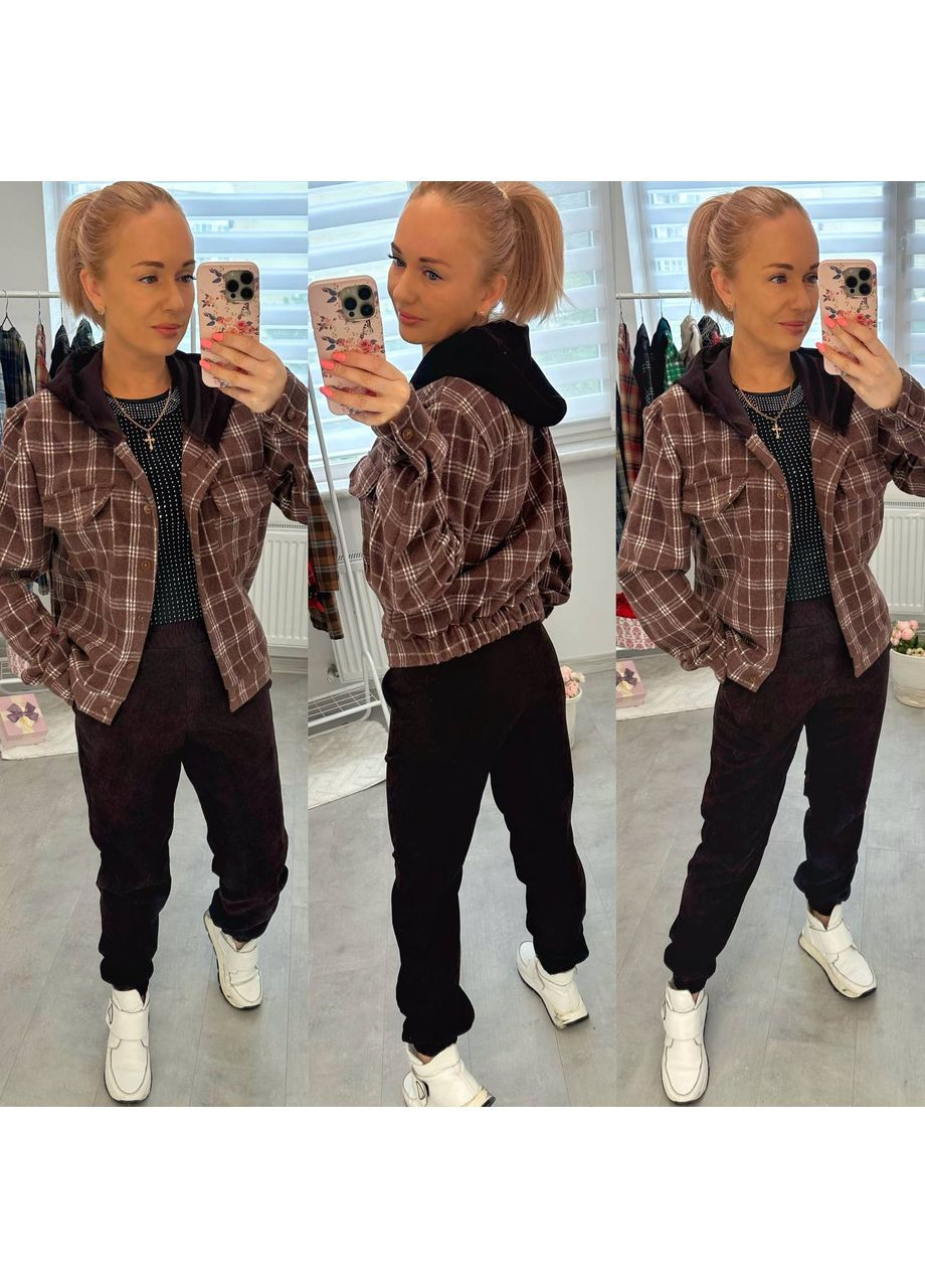 Костюм жіночий мікровельвет та сорочковий теплий кашемір,штани та сорочка з капюшоном у клітинку Україна (361373498)