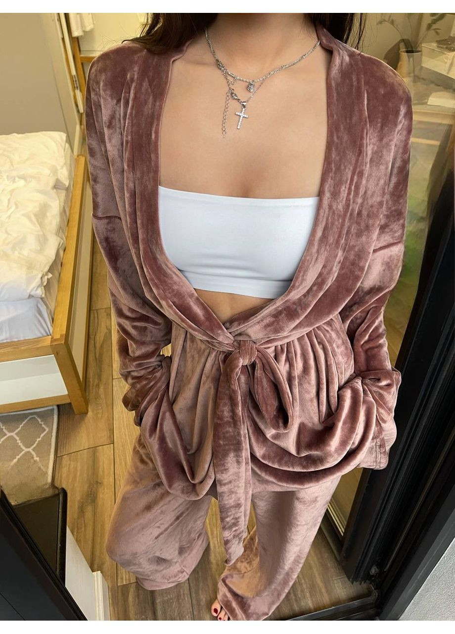 Розово-коричневый зимний женский домашний комплект оверсайз: кимоно и палаццо MonCher