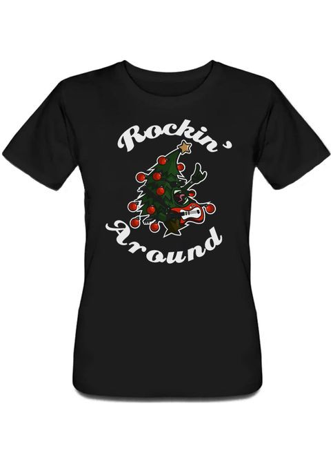 Черная летняя женская новогодняя футболка rockin' around (чёрная) Fat Cat
