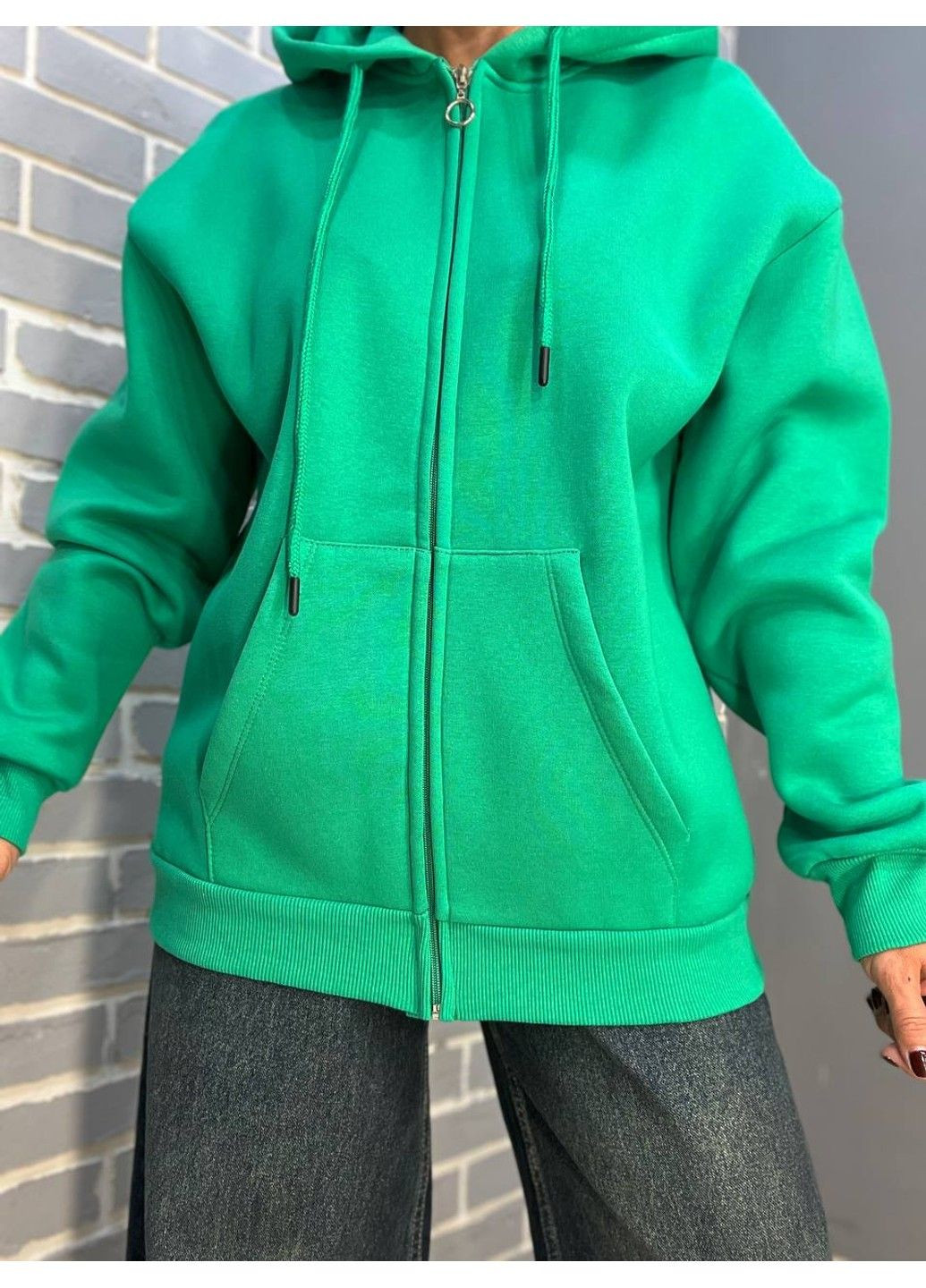 Зелений худі жіноче 482 світшот подовжений на блискавці капюшон базовий оверсайз фліс утеплений Quzen (303283173)
