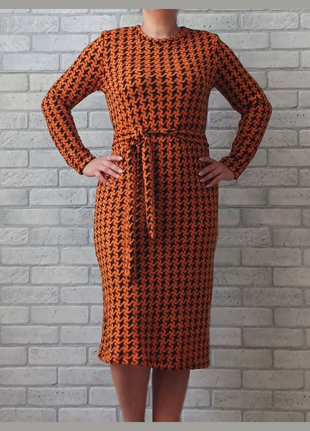 Комбінована сукня жіноча тепла, в'язаний акрил зима - осінь, гусячі лапки колір помаранчевий No Brand