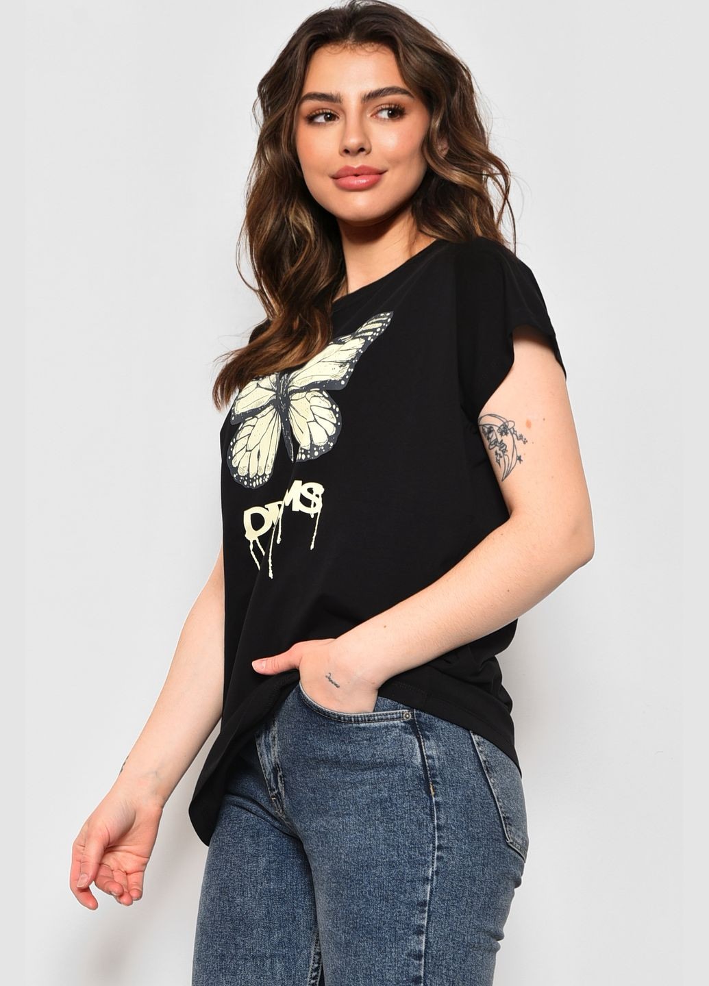 Чорна літня футболка жіноча напівбатальна з малюнком чорного кольору Let's Shop