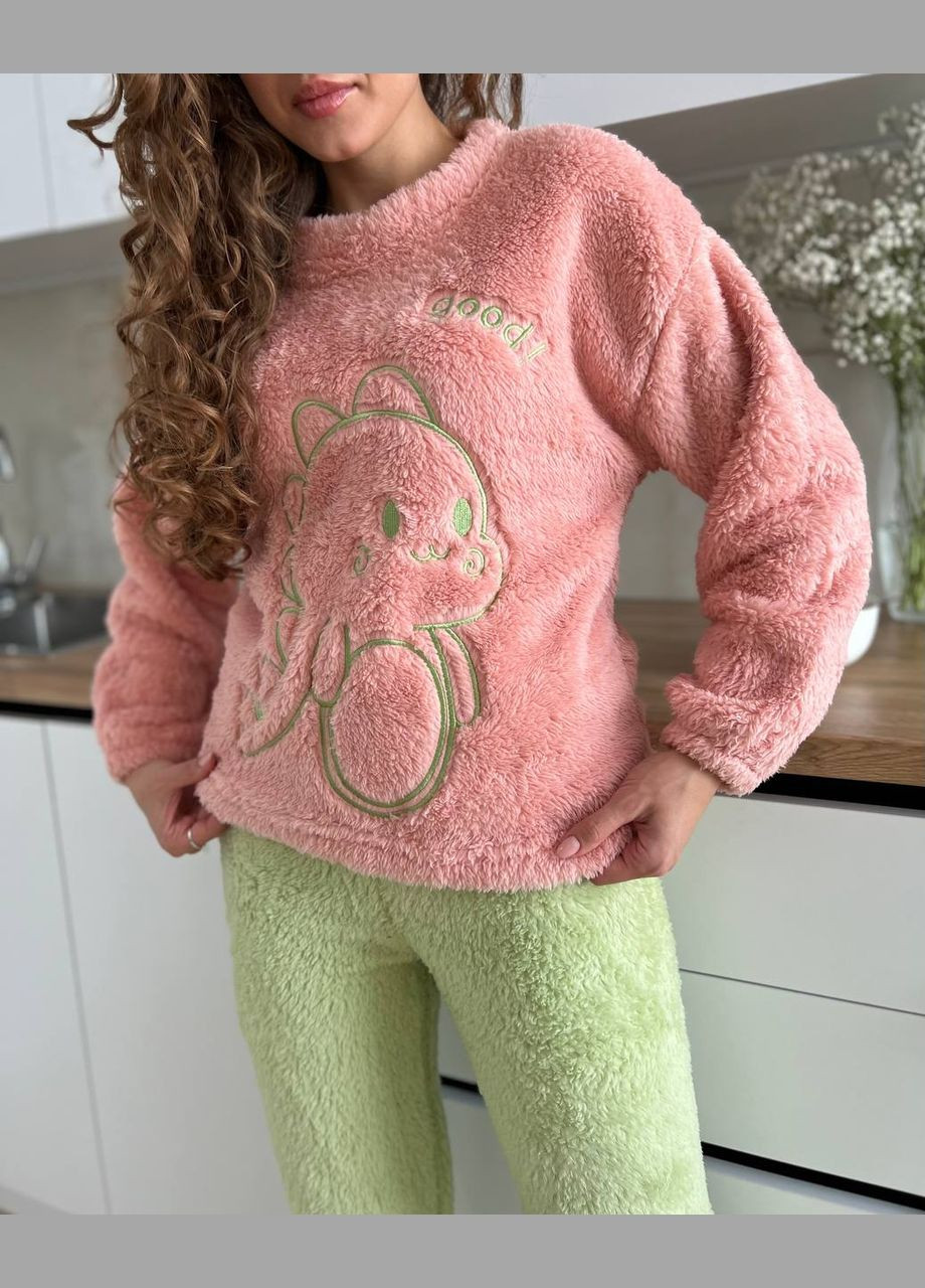 Розовая зимняя пижама женская махровая кофта + брюки No Brand
