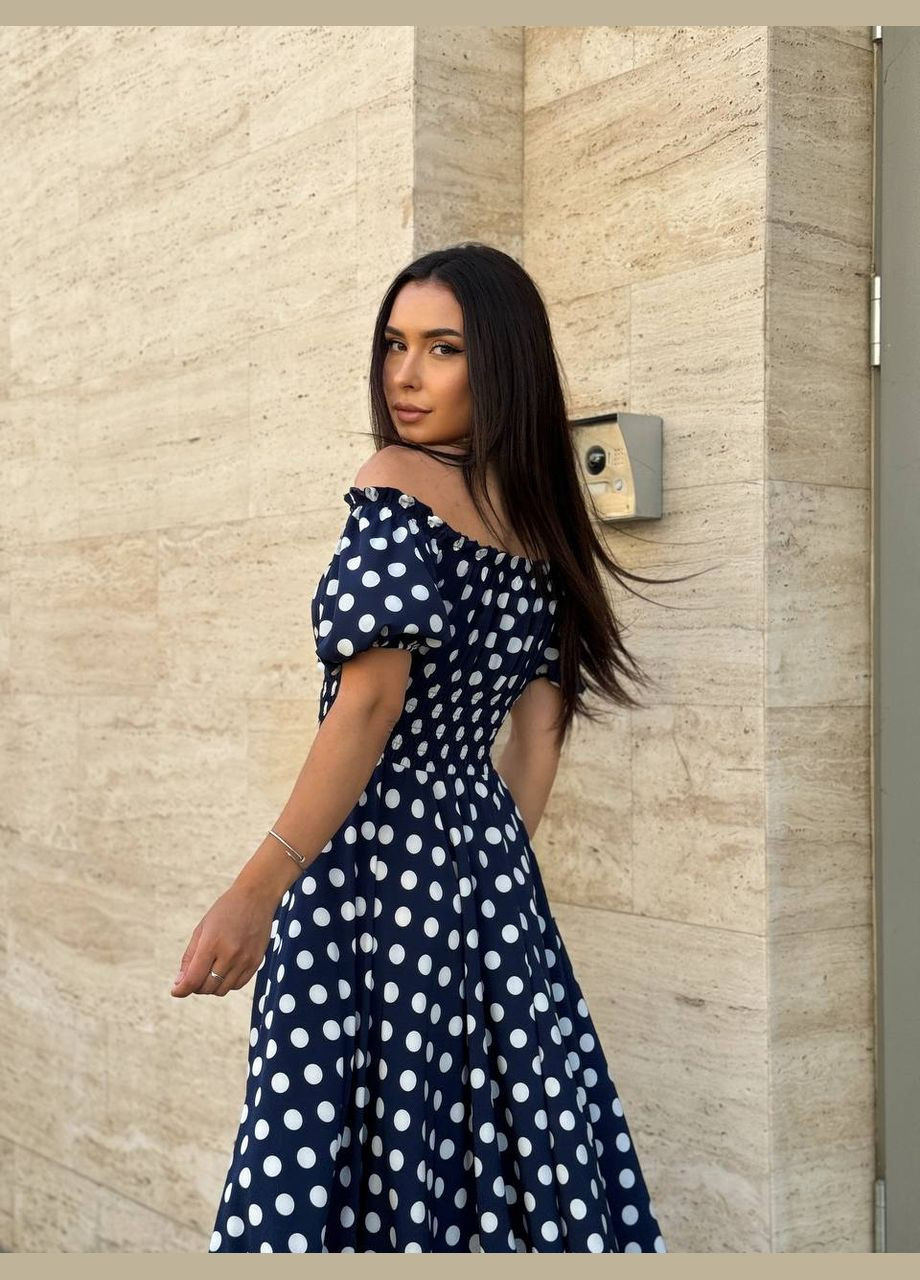 Темно-синя повсякденний, вечірня, кежуал жіноча сукня з відкритими плечима Style Point з квітковим принтом