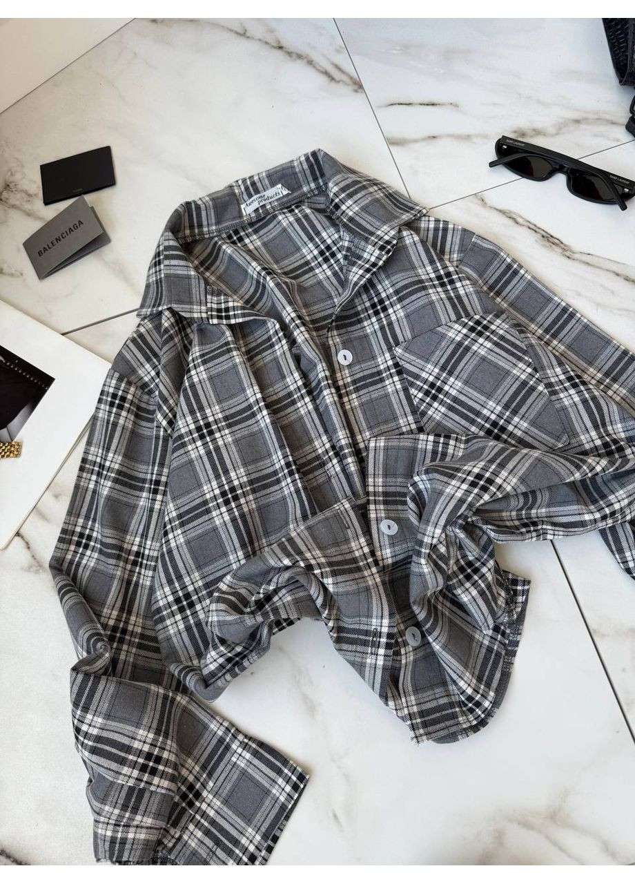 Серая повседневный рубашка в клетку Гермес с длинным рукавом