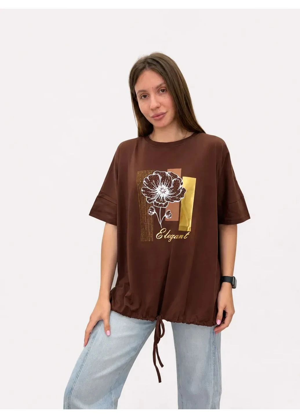 Женская футболка оверсайз с затяжками Розовый L (6569) Pink Daisy - (399346270)