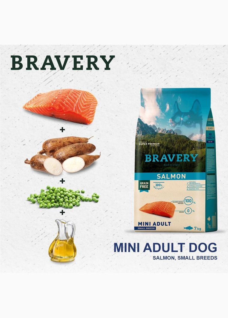 Сухий корм Salmon Mini Adult для дорослих собак дрібних порід з лососем 7 кг (8436538946725) Bravery (317223263)