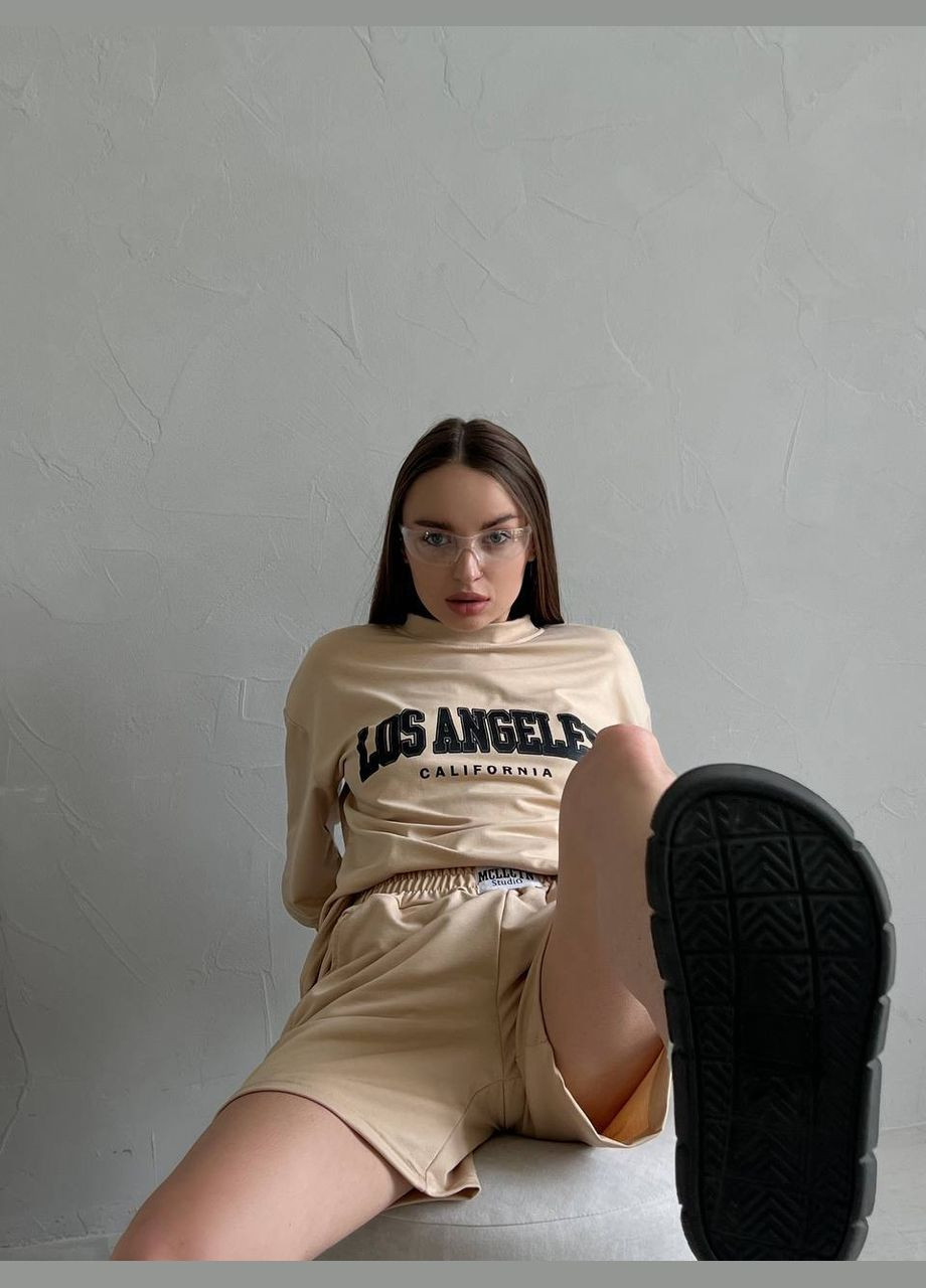 Женский летний костюм бежевый комплект футболка с шортами Los Angeles стильный качественный No Brand костюм (291418272)