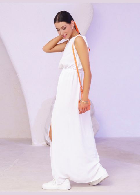 Білий повсякденний бавовняна довга сукня з розрізом No Brand однотонна