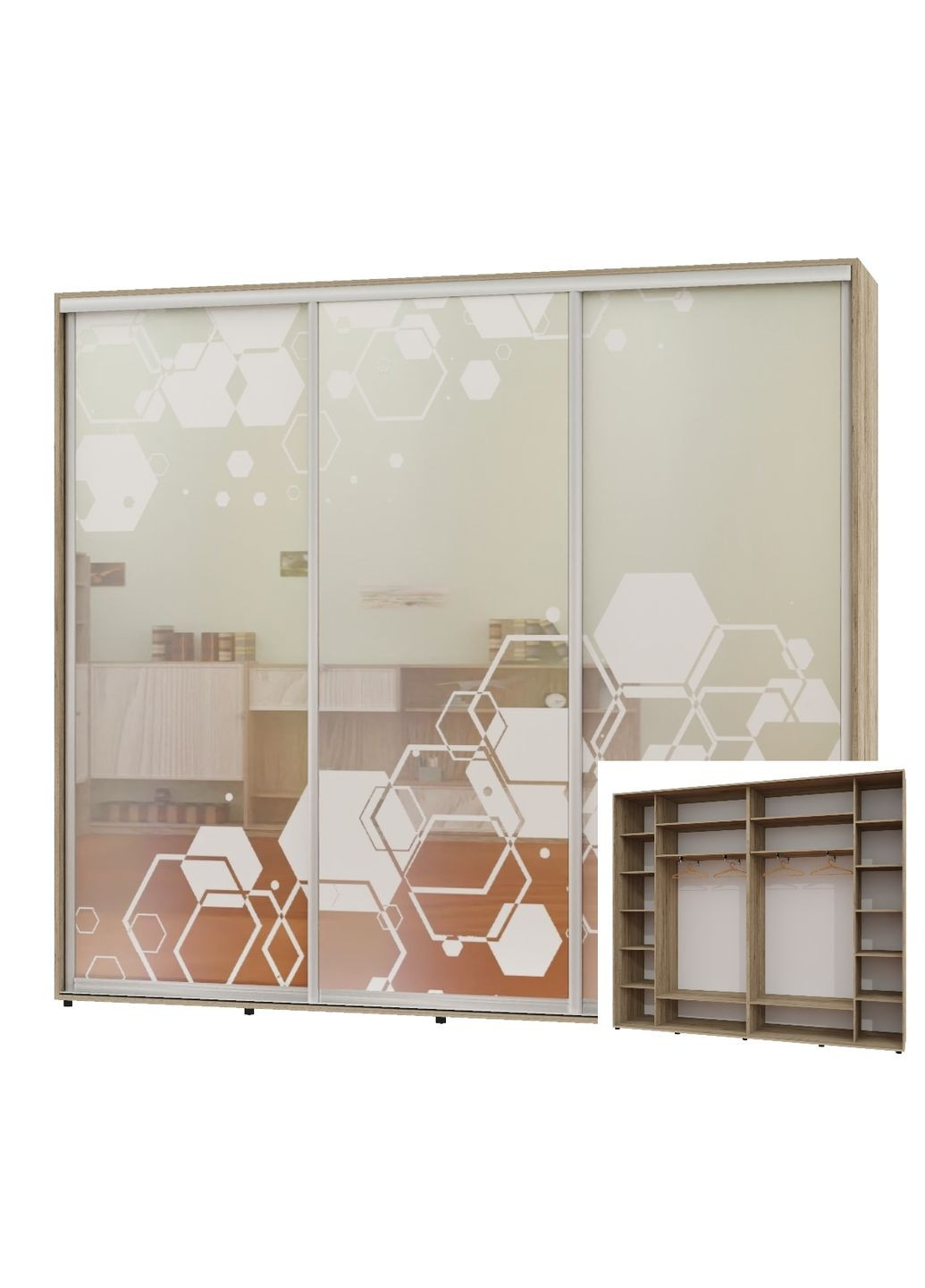 Шкаф-купе трехдверный 300*45*250 Дуб крафт серый Зеркало с пескоструйным рисунком Люкс-149 Алекса (360451704)