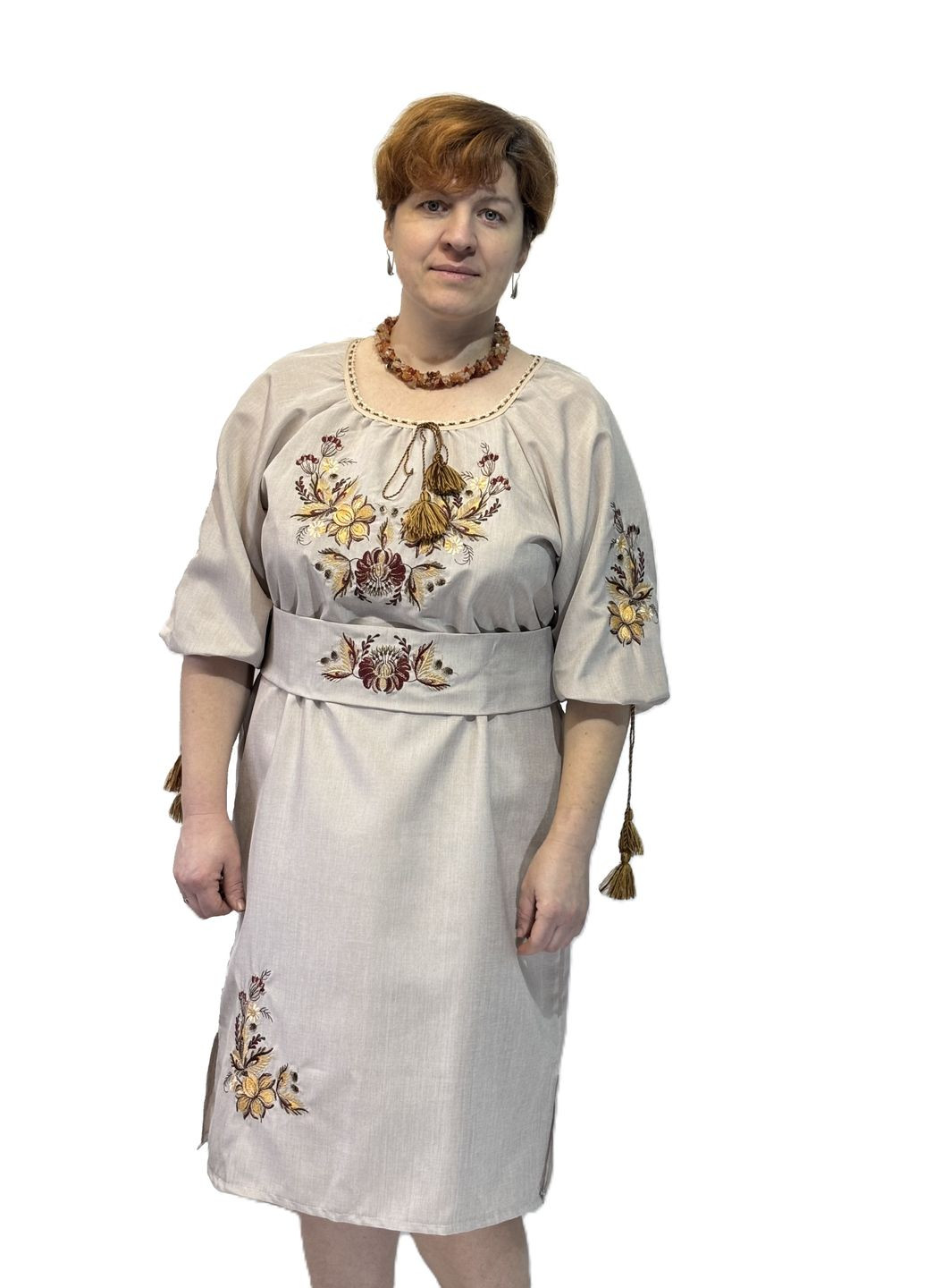 Бежевая женское вышитое платье шоколадная роспись в цвете беж НоКо узор орнамент габардин (324244648)