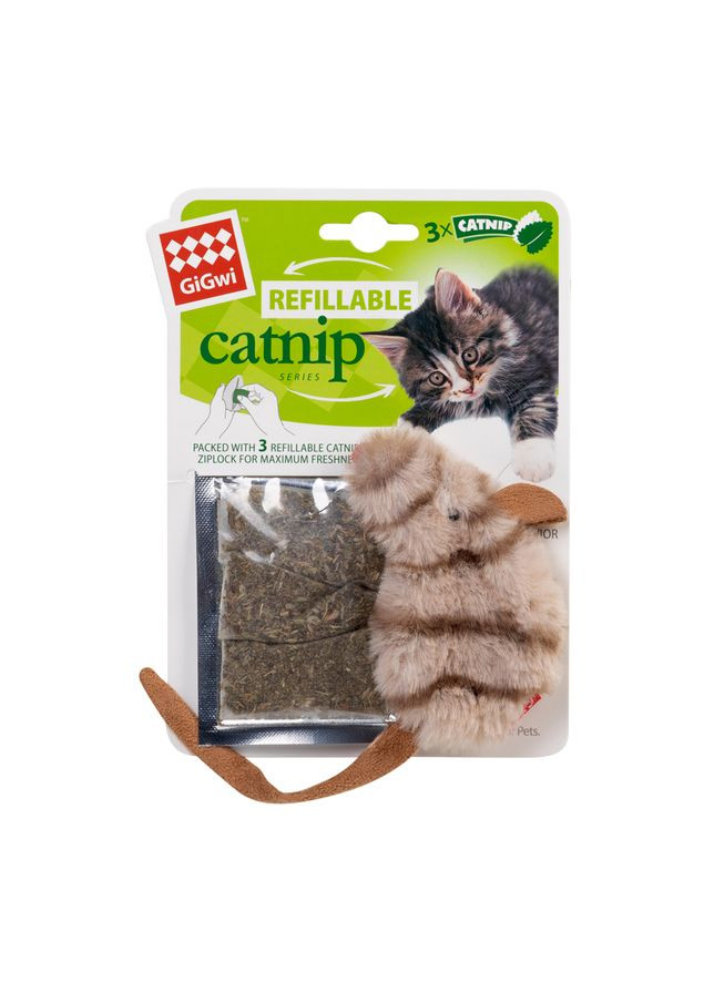 Іграшка для котів Мишка з котячою м'ятою Refillable Catnip, штучне хутро, котяча м'ята, 10 см GiGwi (322001424)