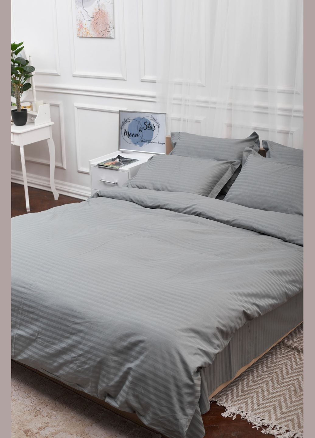 Комплект постільної білизни Satin Stripe полуторний 143х210 наволочки 2х50х70 (MS-820003656) Moon&Star Stripe Gray (288043666)