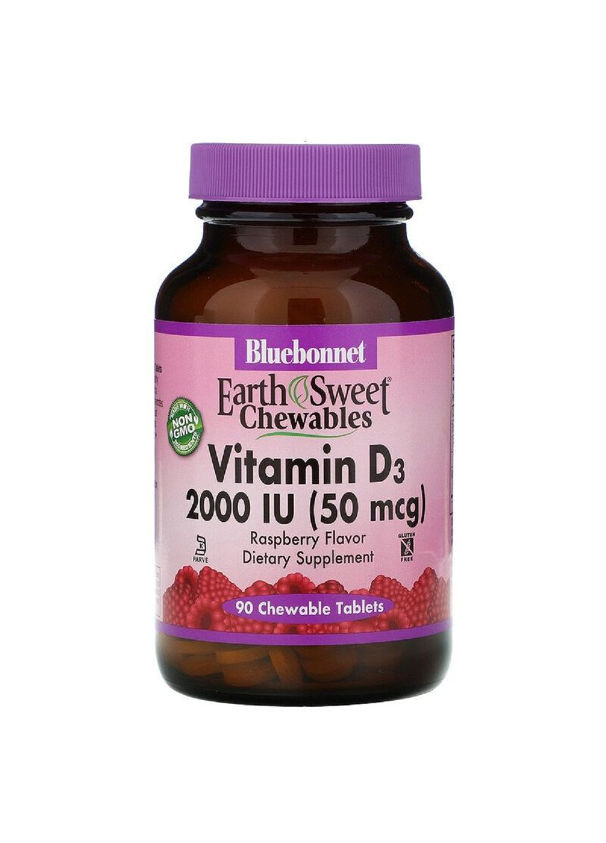 Витамин D3 2000IU, Вкус Малины, Earth Sweet Chewables,, 90 жевательных таблеток Bluebonnet Nutrition (326055376)