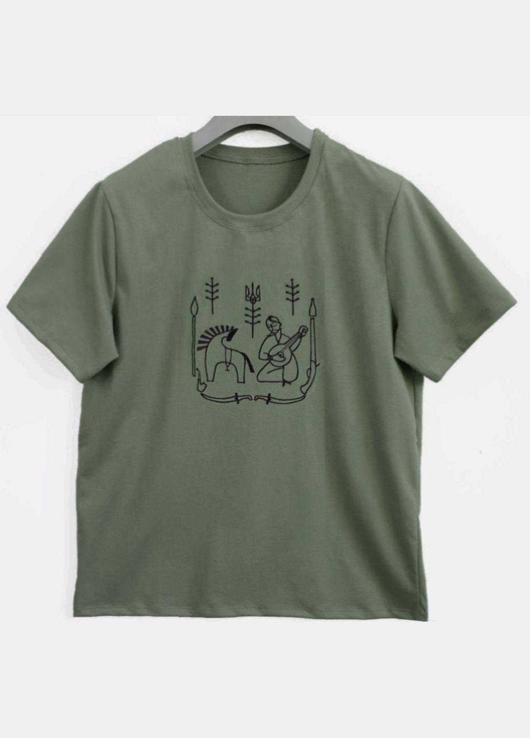 Хаки (оливковая) летняя детская футболка с этновышивкой козак мамай унисекс Ladan