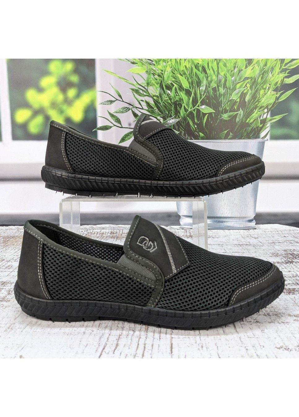 Серо-зеленые мокасины мужские текстильные сетка Dago