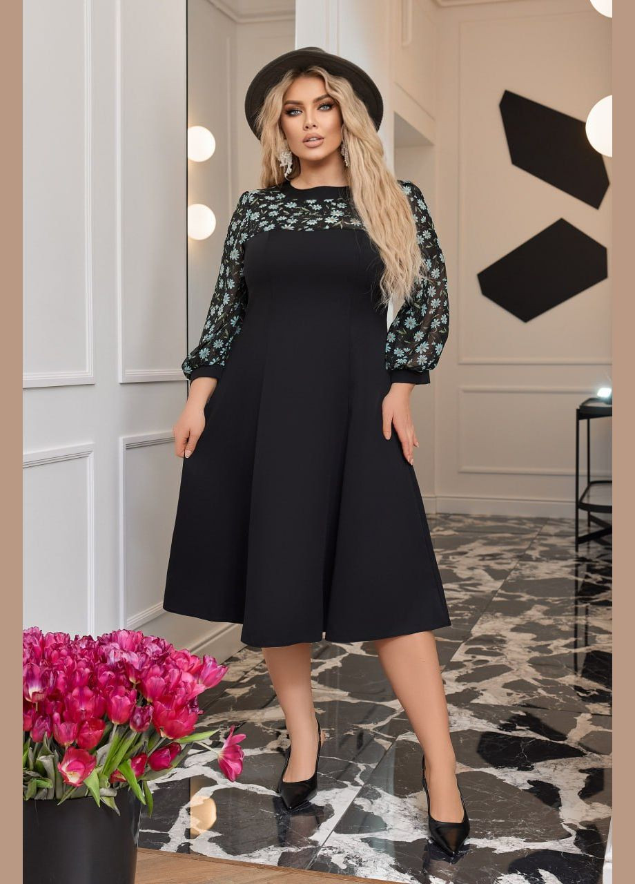 Черное женское комбинированное платье цвет черный р.48/50 451106 New Trend
