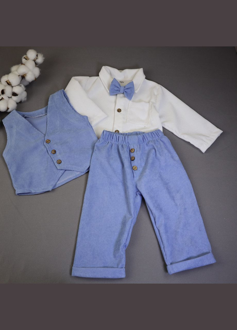 Вельветовый костюм для мальчика: голубие брюки, белая рубашка и бабочка+жилетка | На годик, крестины No Brand (328439940)