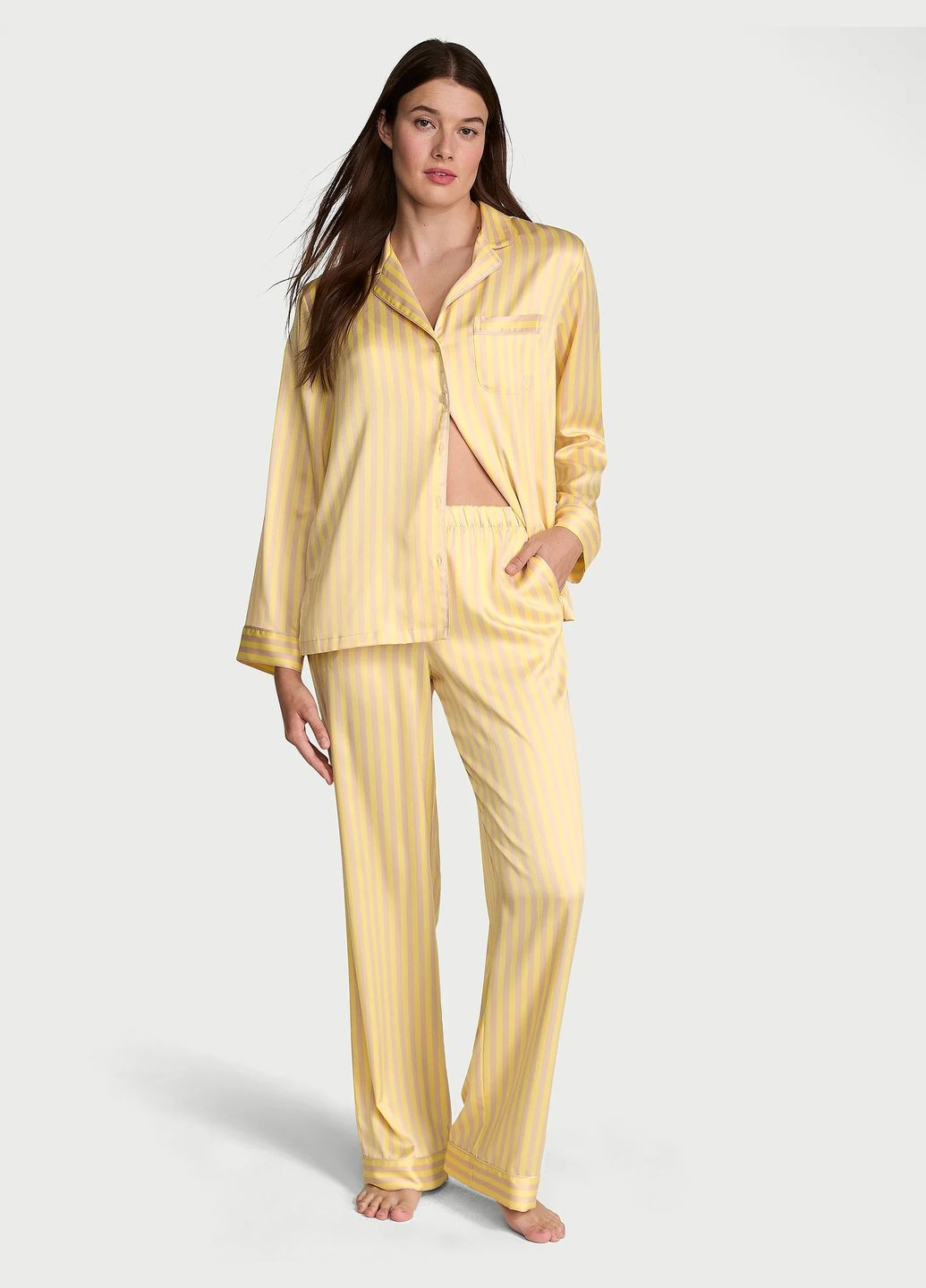Желтая сатиновая атласная женская пижама рубашка+брюки желтая рубашка + брюки Victoria's Secret
