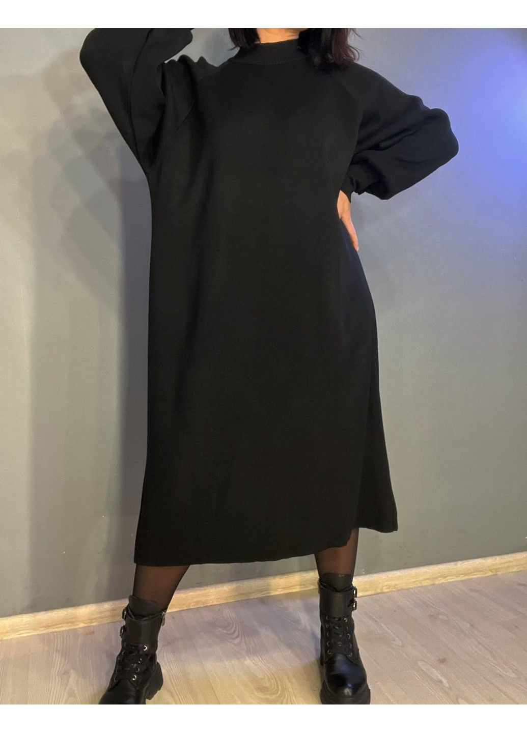 Чорна сукня жіноча 2024119 светр пишний рукав реглан довга без паска My Fashion однотонна