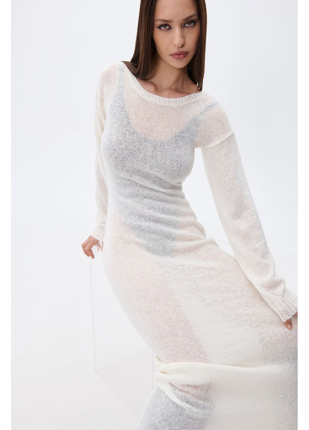 Молочное платье макси вязаное m-l молочный 2114 Papaya