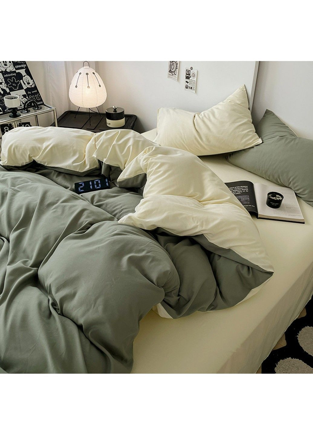 Постельное белье двуспальное из вареного хлопка оливкового цвета. No Brand (366964656)